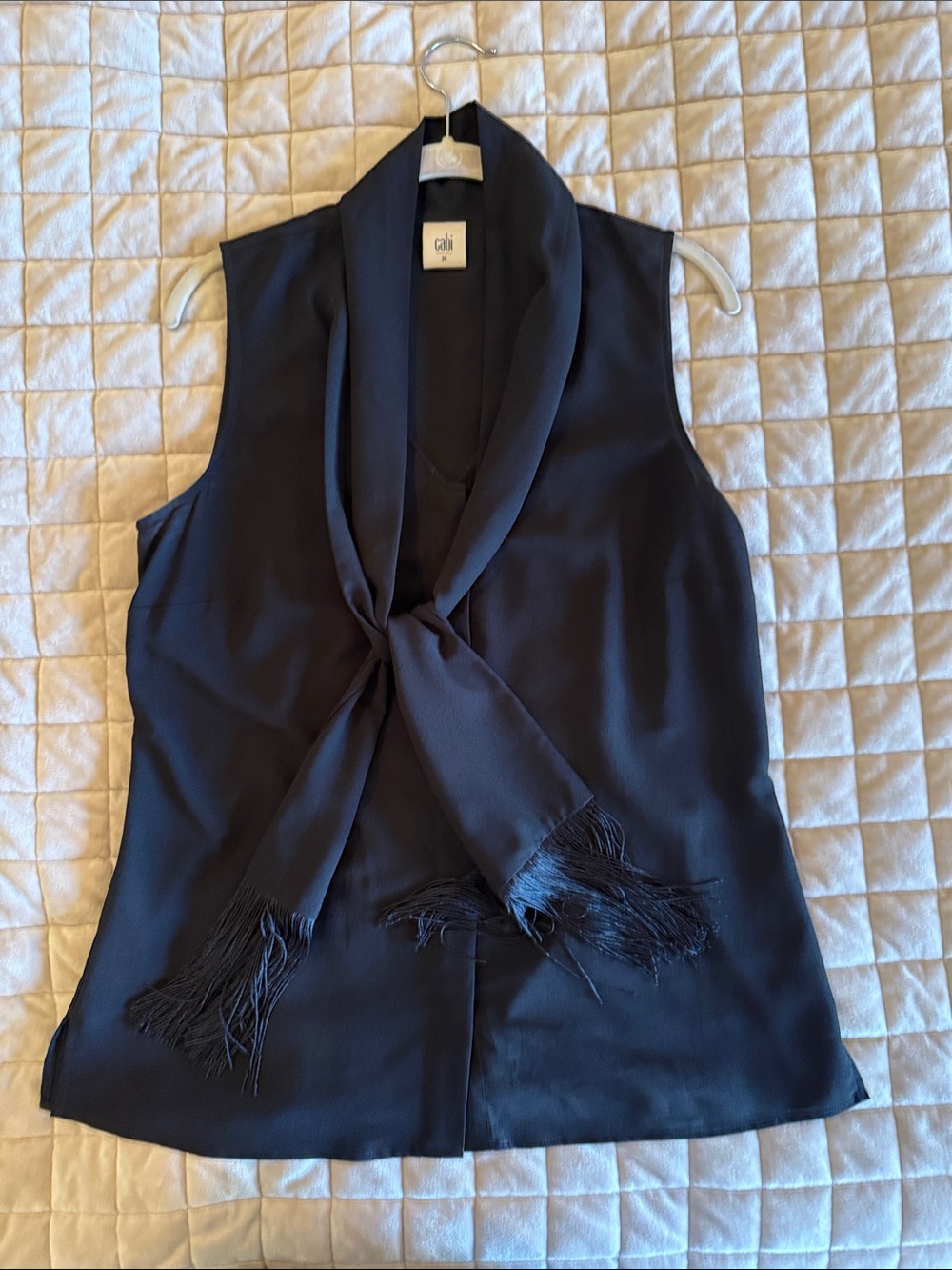 CAbi Navy Sleeveless Scarf-Tie Blouse with Fringe Detail